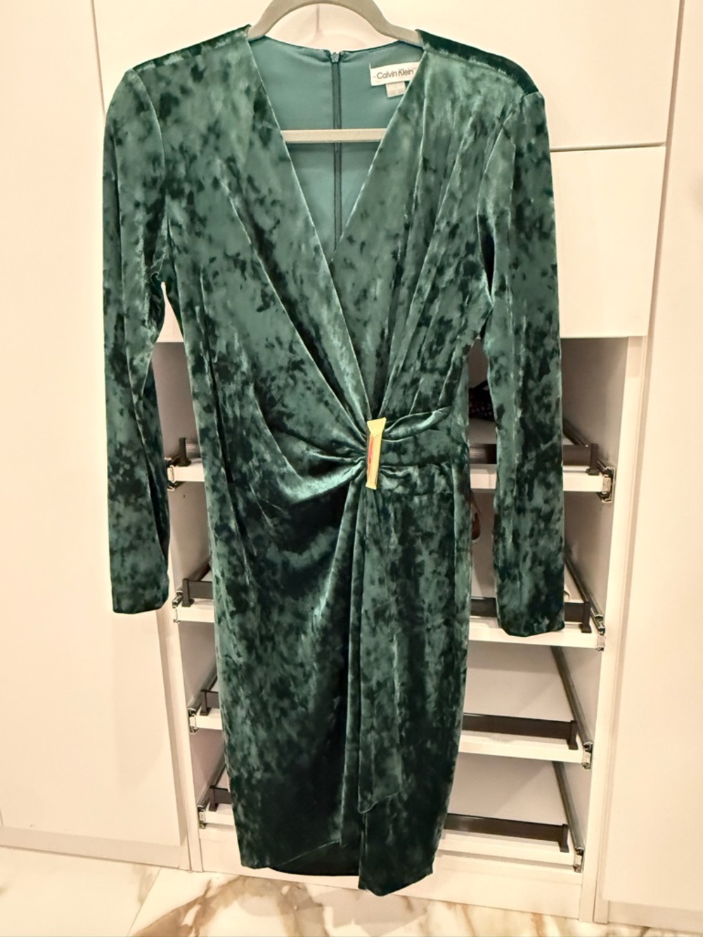 Calvin Klein Deep Green Velvet Twist-Front Long Sleeve Dress - Picture 2 of 6